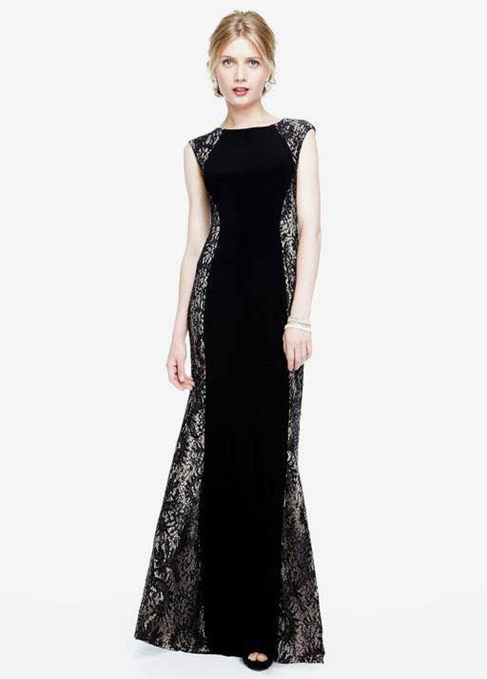 XSCAPE Size 14 Black & Nude Cap Sleeve Jersey Dress with Lace Side Panels